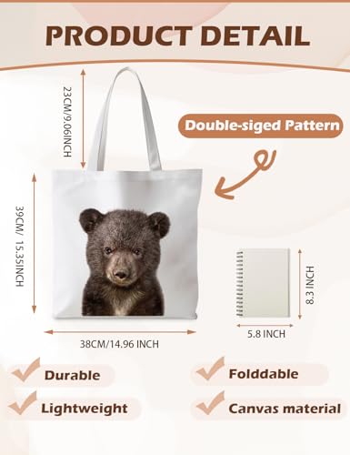 Preppy Animal Tote Bag, Pet Canvas Tote Bag, Reusable Grocery Shopping Shoulder Bags - color: Bear