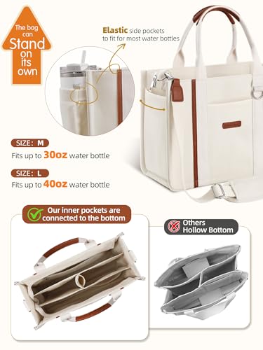 FIORETTO Women’s Canvas Tote Bag Purse with Zipper, Multi Compartment & Reinforced Bottom, Ideal for Work, Bible, Travel - color: Beige, size: Medium, style: Built-in Organizer