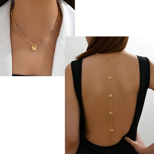 Vintage Butterfly Back Chain Necklace Gold Butterfly Backdrop Necklace Body Chain Wedding Bridal Necklaces Long Y Lariat Necklaces Summer Beach Backless Dress Jewelry for Women - color: Gold
