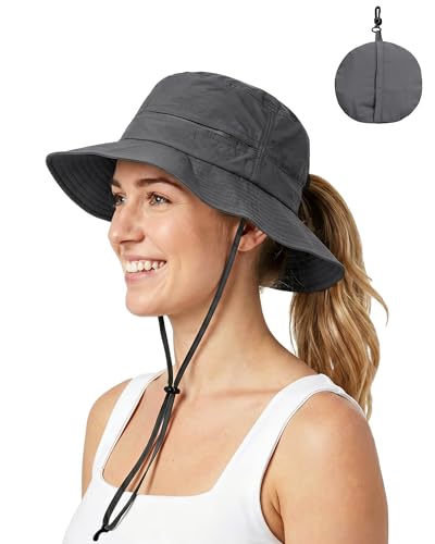Womens Ponytail Sun Hat Packable UPF50+ Waterproof Bucket Hat Hiking Fishing Safari Hat Foldable Beach Hat - color: Dark Grey