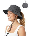 Womens Ponytail Sun Hat Packable UPF50+ Waterproof Bucket Hat Hiking Fishing Safari Hat Foldable Beach Hat - color: Dark Grey