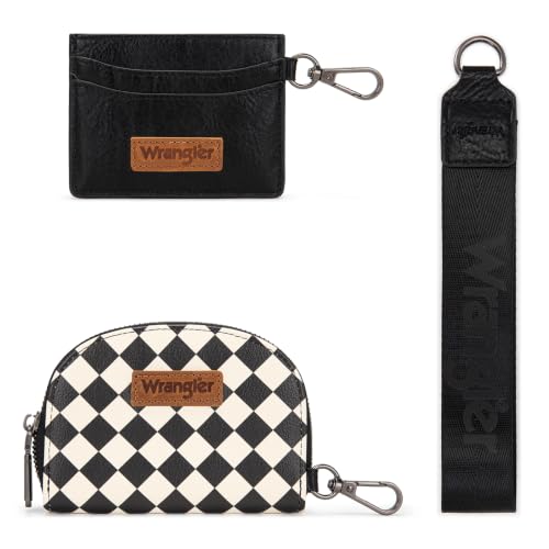 Wrangler KeyChain Wallet Checkered Wristlet Wallets for Women Western Dual Pouch Wristlet Credit Card Holder Wallet - color: Checkered Black