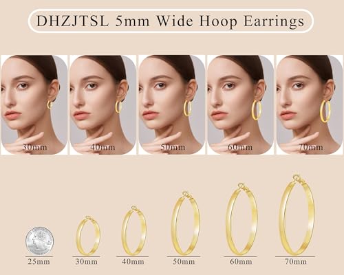 5mm Wide Gold Hoop Earrings for Women, 14K Gold Plated Big Chunky Hoop Earrings with S925 Sterling Silver Post, Hypoallergenic Lightweight Earrings Jewelry for Women 30/40/50/60/70mm - color: Gold-70mm