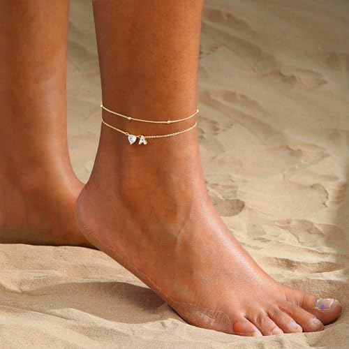 CAROVO Gold Ankle Bracelets for Women Waterproof 14K Real Gold Plated CZ Initial Anklet for Women Dainty Layered Letter A-Z Heart Ankle Bracelets Handmade Adjustable Anklet Summer Beach Jewelry - style: K