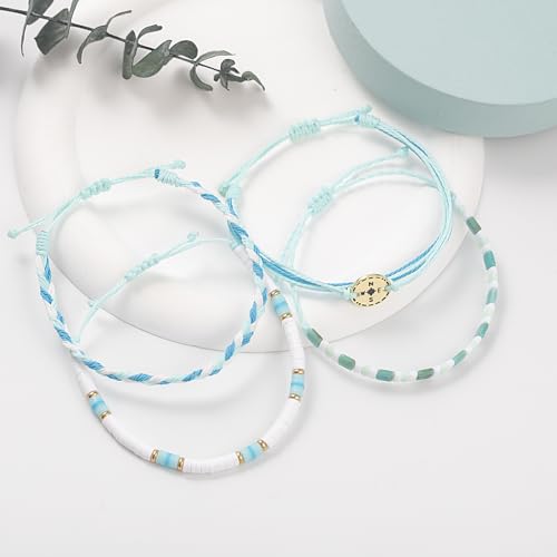 FANCY SHINY Boho Nautical Compass String Bracelets Beaded Clay Beads Bracelet Stackable Friendship Bracelets Summer Beach Outfits for Women Girls - color: Turquoise