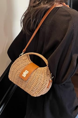 Handmade Straw Woven Bag Beach Clutch Purses Women Vacation Shell Shoulder Crossbody Summer Dumpling Handbag Basket Tote - color: B-khaki