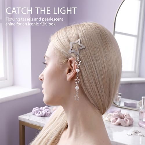 Pndeyo 2pcs Star Tassels Hair Clips for Women, Non-Slip 2000s Y2K Hair Snap Barrettes with White Bead, Cute Star Beaded Pendant Hair Pin Accessories for Braid Long Short Thin Thick Hair- Silver - color: Silver-2pcs-B Style