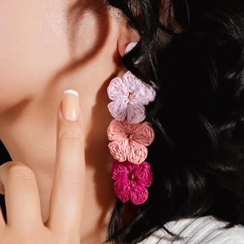 Boho Flower Earrings Statement Raffia Dangle Earrings Cute Floral Jewelry Trendy Summer Beach Vacation Outfits for Women - color: Pink