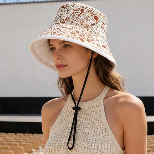 Women's Summer Sun Hat - Reversible Design with Striped Lining Adjustable Brim for Travel and Outings Cap - color: Printed-beige