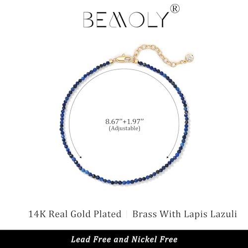 Bemoly Faceted Anklet for Women Gemstone Beads Anklet with Sparkling CZ Tail Charm - 22cm + 5cm Adjustable 14K Gold Plated Foot Chain - October Birthstone Jewelry Gift for Her, Summer Beach Vacation - color: Anklet-Lapis lazuli