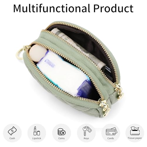 SENDEFN Women's Coin Purse Genuine Leather Wallet Small 2 Zippers Change Pouch Purse with Keychain Ring - color: 2-Green