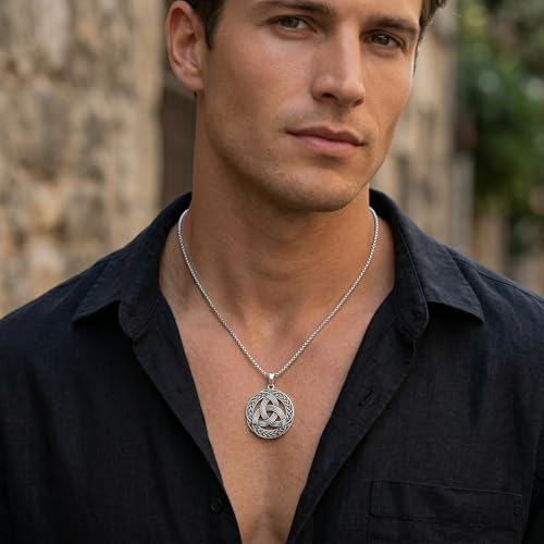 Celtic Necklace for men Sterling Silver Celtic Knot Triquetra Triangle Trinity Necklace Gift for Men - color: E-Silver