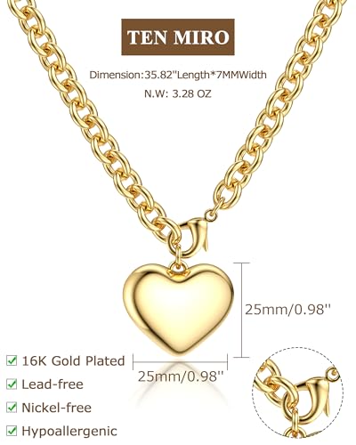 TEN MIRO 16k Gold Plated Chunky Gold Plated Necklace for Women Non Tarnish, 36'' /92cm Long Chunky Heart Necklace layered Puffy Heart Necklaces Long Thick Pendant Bold Statement Necklaces for Women Trendy - style: Chunky gold plated heart necklace