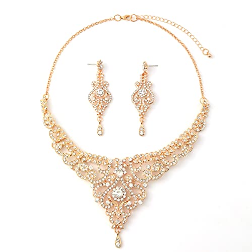 Hapibuy Crystal Wedding Jewelry Set Necklace Earring Set For Women and Brides Rose Gold and Silver Bridal Statement Jewelry sets - color: gold