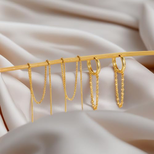 Trendy Zircon Tassel Chain Threader Earrings Set for Women Chain Dangle Earrings Dainty Rhinestone Hoop Earrings Set for Women Stack Jewelry Long Drop Ear Line - color: Gold-one ear-D
