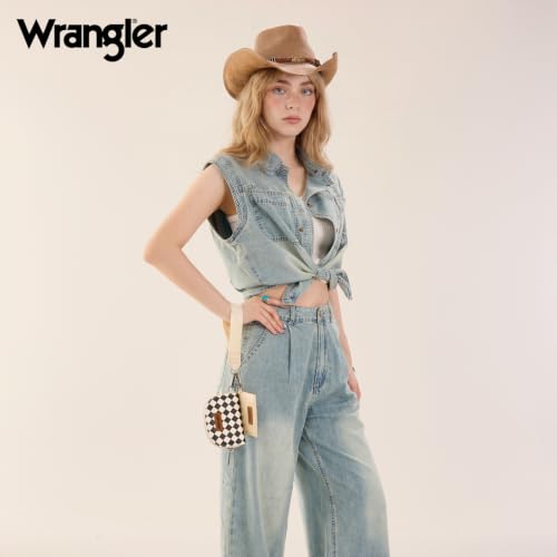 Wrangler KeyChain Wallet Checkered Wristlet Wallets for Women Western Dual Pouch Wristlet Credit Card Holder Wallet - color: Checkered Tan