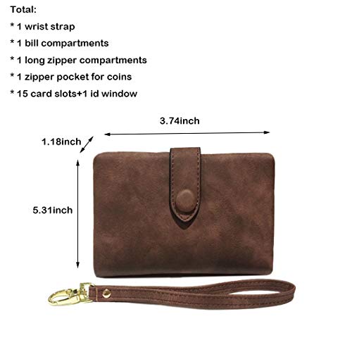 AOXONEL Women's Small Bifold Leather wallet Rfid blocking Ladies Wristlet with Card holder id window Coin Purse - color: Brown