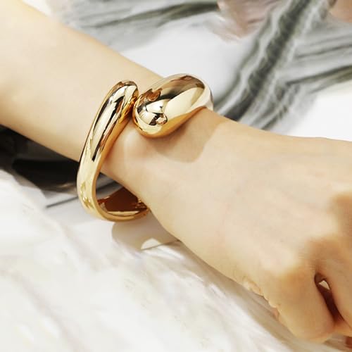 Chunky Gold Bracelet - Tear Drop & Cuff Bracelet - Polished Twisted Hinged Bangle - Wide Wrist Cuff - Irregular Twisted Bangles for Women - color: A gold