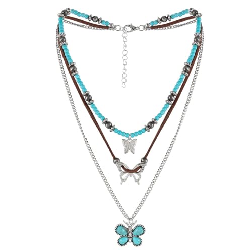 Pingyongchang Boho Layered Western Turquoise Necklaces for Women Vintage Stone Beaded Chokers Butterfly Catus Chain Country Concert Cowgirl Cowboy Jewelry Holiday Gifts - style: B Butterfly