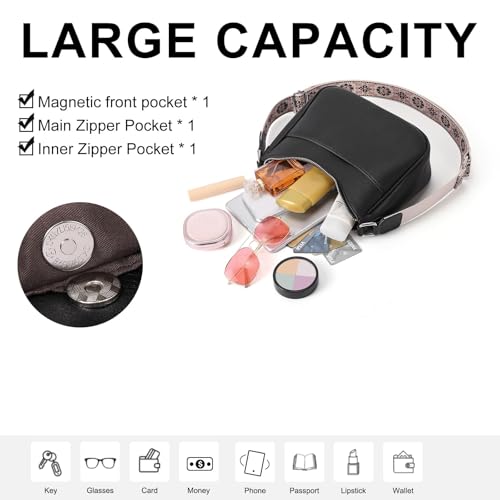 WJCD Women Crossbody Handbags Vegan Leather Shoulder Bag with Adjustable Strap - color: Black