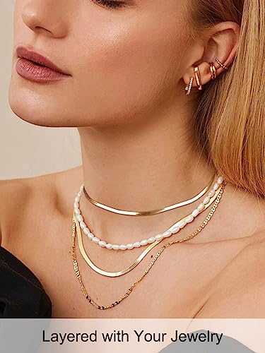 FOCALOOK 14K Gold Plated Necklaces for Women, Fashion Herringbone Choker Necklace Stainless Steel Flat Snake Chain 3/5MM(W) 12.5"/15"/18"+3.5"(L) - color: 3MM-14K Gold-18"