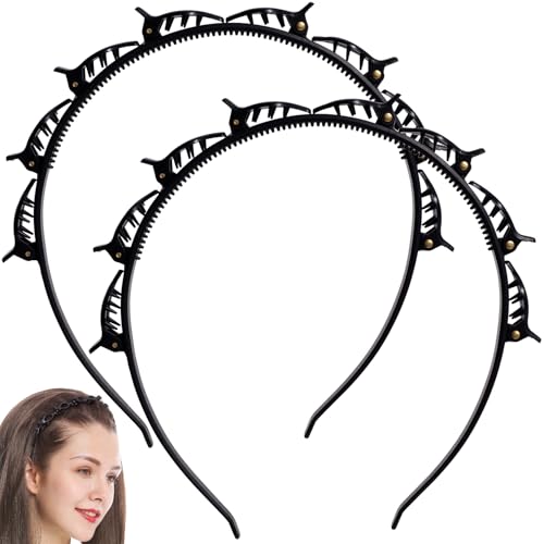 2 Pcs Headband with Clips, 90s Butterfly Hair Clips Headband with Teeth for Women, Braided Weave Bangs Non-Slip Clip Headbands Hair Accessories for DIY Styling Decoration- Black - color: 2 Pcs Black