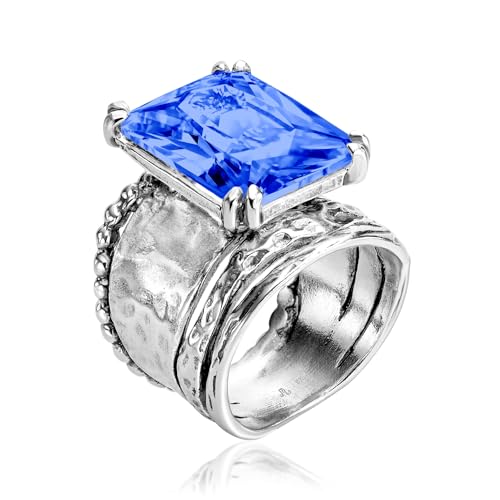 JEAN RACHEL JEWELRY 925 Sterling Silver Ring - Hammered Vintage Design with Octagon Shaped Cubic Zirconia - Hypoallergenic, Lead & Nickel Free - Artisan Handcrafted Statement Rings for Women - color: Tanzanite CZ
