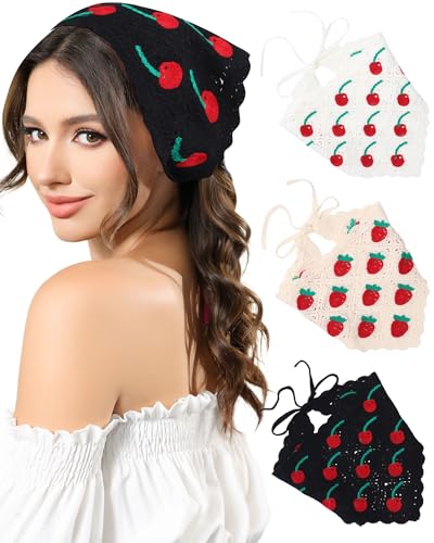 AWAYTR Crochet Head Scarf Hair Bandanas Women Knit Bandana Headband Scarf Tie-Back Head Coverings Floral Headscarf - color: Black Cherry + White Cherry + White Strawberry