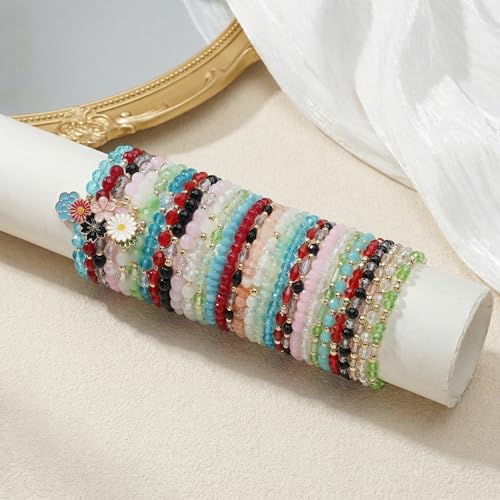 Bohemian Bracelet Sets for Women - 4-Pack Stackable Stretch Bead Bracelets with Black＆White Crystal & Gold Accessories, Multi-Layer Boho Jewelry - color: multi-color