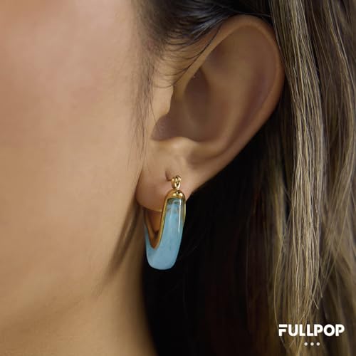 Fullpop Vintage Earrings for Women, Chunky 14K Gold Plated Resin Hoop Earrings Lightweight Hollow Drop Earrings Hypoallergenic Earrings for Women Vintage Anthropologie Jewelry Gifts for Women - size: V Shape Blue
