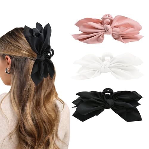 Bow Claw Clips Bow Hair Clips Black White Pink 3PCS Big Hair Bows for Women Butterfly for Styling Large Hair Clips for Thick Hair for Girls Hair Accessories for Teen - color: 3PC-Pink+White+Black