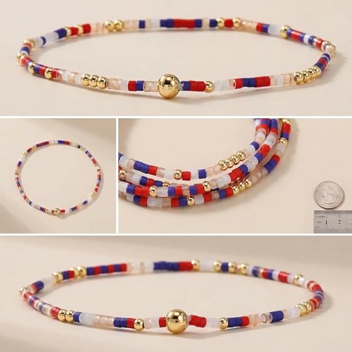 Dainty Gold Plated Tiny Ball Colorful Beaded Stack Bracelets Sets for Women,3Pcs Stackable Cute Bracelet Stretch Trendy Ball Jewelry Friendship Gift - color: 4th Of July