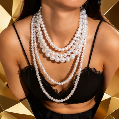 Layered Pearl Necklaces for Women Big Pearl Long Chain Necklace Dainty Faux Pearl Necklaces Statement Sweater Strand Chain Jewelry - style: SetC