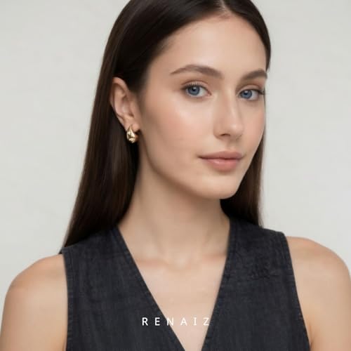 RENAIZ Bold Statement Hoop & Stud Earrings for Women – 14K Gold & Rhodium Plated Maximalist Jewelry, Chunky Geometric Boho Earrings, Hypoallergenic Non-Tarnish Trendy Gift - color: Yellow Gold, style: Teardrop
