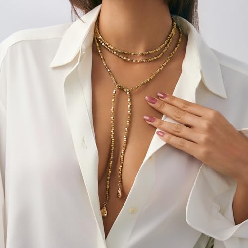 Statement Long Necklaces for Women Vintage Layered Beaded Long Chain Necklaces Boho Y Shaped Tassel Long Pearl Necklace Statement Bead Necklace Jewelry Gift for Women - style: Square Beaded