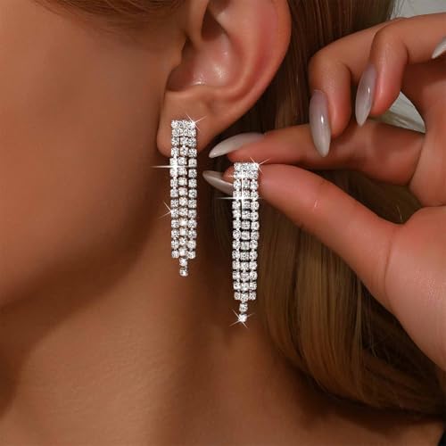 Vintage Crystal Chandeliers Drop Earrings Silver Rhinestone Dangle Earrings Silver Cz Paved Tassel Chain Earrings Wedding Chandelier Earrings Jewelry for Women