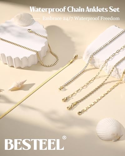 Besteel Ankle Bracelets for Women Waterproof - 14K Gold Plated Non Tarnish Layered Cuban Link Chain Rope Figaro Herringbone Anklets Set Plus Size Anklet Summer Foot Jewelry Gift Adjustable 8-12 Inch - style: 6 Pcs Gold Tennis-8.5+2.5 Inch