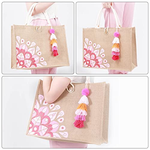 itgowisa Jute Beach Bag for Women, Burlap Beach Tote Bag with Tassel Pocket, Summer Gift for Vacation, Pool, Cruise & Grocery | Jute material - color: Pink Tassel