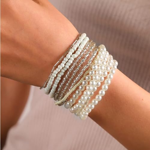 Handmade Bohemian Colorful Crystal Beaded Bracelets Set Multilayered Stackable Boho Stretch Adjustable Bangle Cuff Friendship Summer Beach Jewelry for Women - color: white