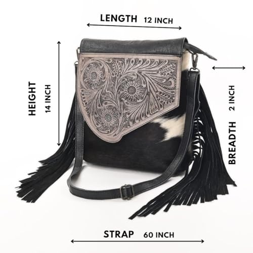 Merbaa Sunset Star Crossbody Bag - Real Cowhide Hairon Women's Handbag with Leather Fringes - color: Black