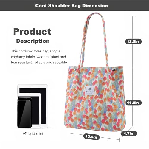 Corduroy Tote Bag for Women Small Canvas Shoulder Purse Cord Handy Bag with Inner Pocket | with Front Pocket - color: 03 Tulip