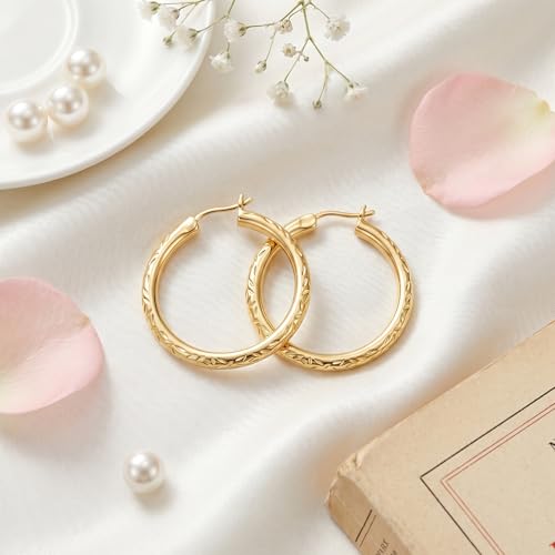 Gold Hoop Earrings for Women 14K Gold Hoop Earrings for Women 14K Gold Earring Hoops Delicate Pattern like Leaf Hoops Earring for Womens 25/30mm - size: 30mm