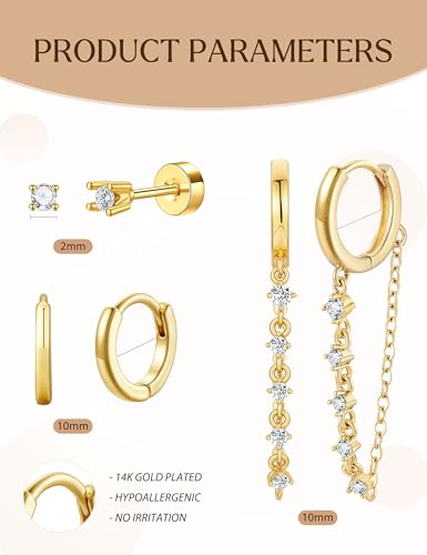 Turandoss Gold Hoop Earrings for Women, Small Hoop Chain Dangle CZ Stud Earrings, Minimalist Gold Earrings for Multiple Piercings, Lightweight Everyday Jewelry for Women