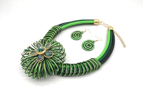 Statement African Necklace For Women African Jewelry Costume Earring Sets Tribal Fashion Colorful Big Rhinestone Crystal Pendent Collar Choker Bold Chunky Bib Handmade - color: Flower green