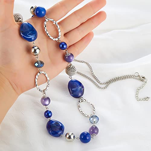 BULINLIN Beaded Long Necklace for Women Silver Sweater Chain Necklace with Crystal Resin Beads, Fashion Jewelry Necklace - color: Sapphire