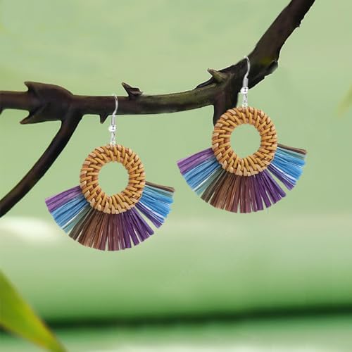 Boho Summer Beach Earrings for Women Lightweight Straw Wicker Earring Statement Raffia Fan Round Tassel Dangle Drop Earrings Hawaii Jewelry - style: Purple Round