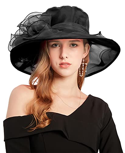 ORIDOOR Women’s Organza Church Tea Party Wedding Fascinator Derby Hat Wide Brim Sun Hats - color: F-black