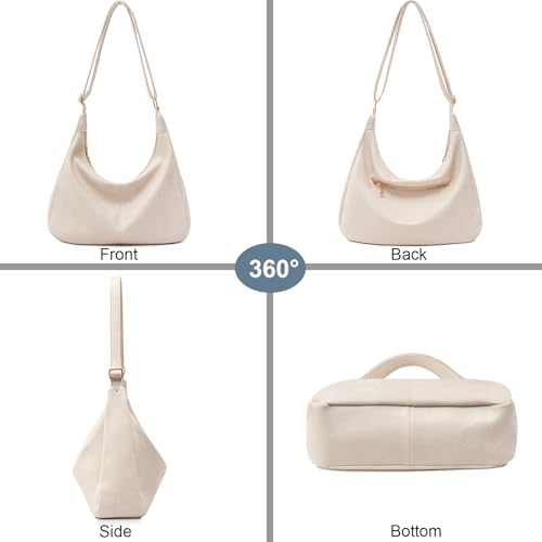 Hobo Bags for Women Foldable Vegan Leather Shoulder Handbag Slouchy Tote Crossbody Purses - color: Beige