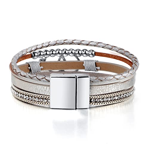Fesciory Leopard Bracelet for Women, Boho Leather Wrap Multi-Layer Pearl Crystal Bracelet Bangle Jewelry - style: Double Circle(Silver)
