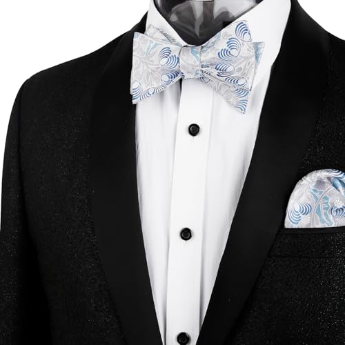 Alizeal Mens 2pcs Classic Floral Pattern Self-tied Bow Tie and Handkerchief Set - color: 035-silver+blue